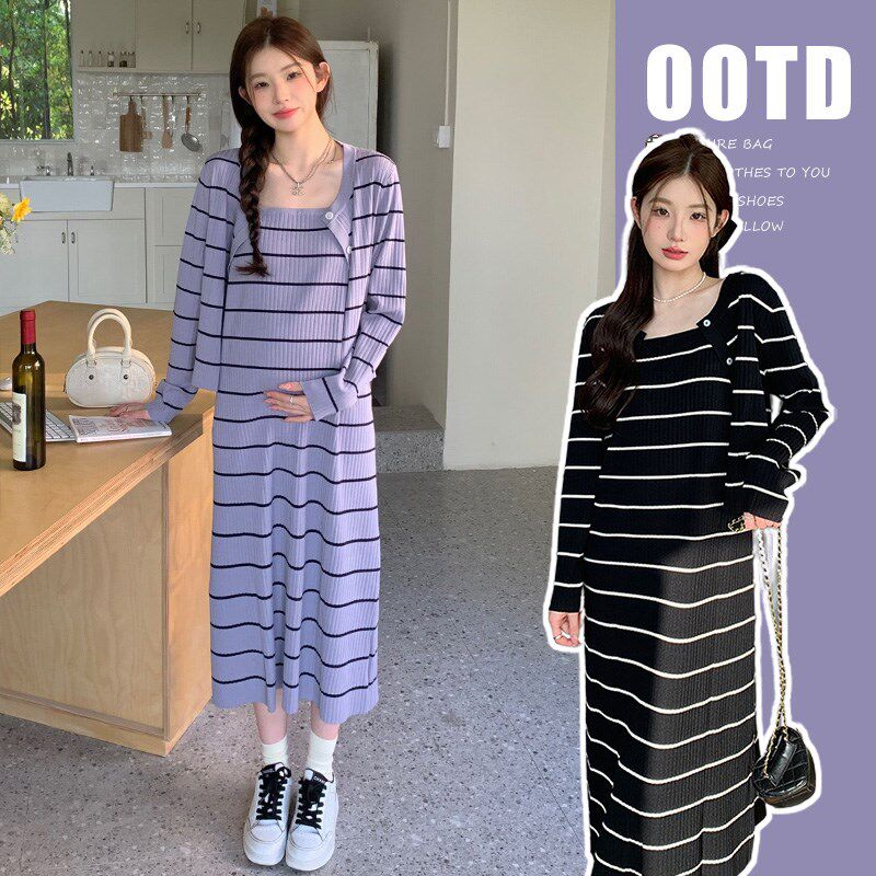 孕妇装春装条纹开衫吊带裙2024新款套装洋气时髦连衣裙两件套春季