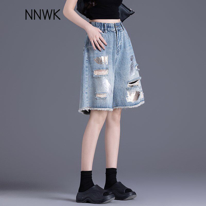 毛边破洞牛仔短裤女夏薄款2025新款高腰显瘦五分裤松紧腰阔腿五分