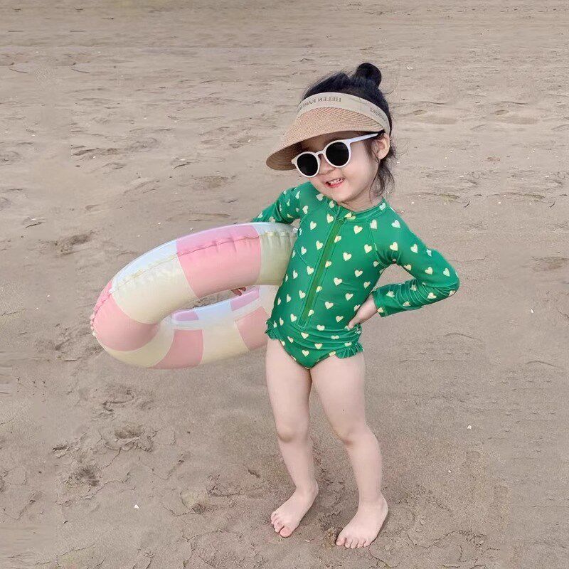 女童夏季连体长袖泳衣速干防晒小女孩游泳可爱碎花边泳装温泉度假