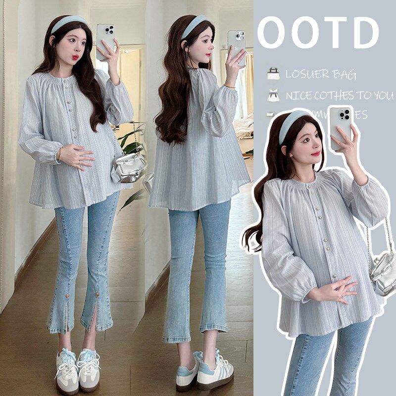 孕妇装春装时尚休闲怀孕长袖衬衫宽松大码娃娃衫春季上衣春秋衬衣