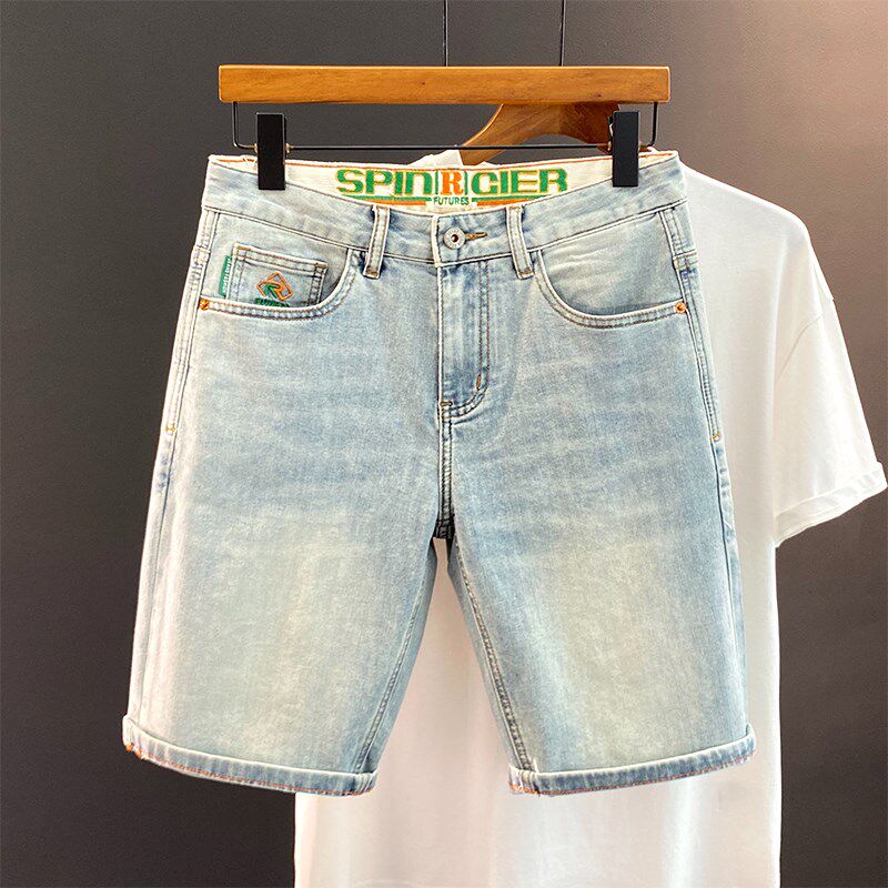 夏季浅色高端牛仔短裤男弹力修身复古磨白做旧刺绣五分裤休闲中裤