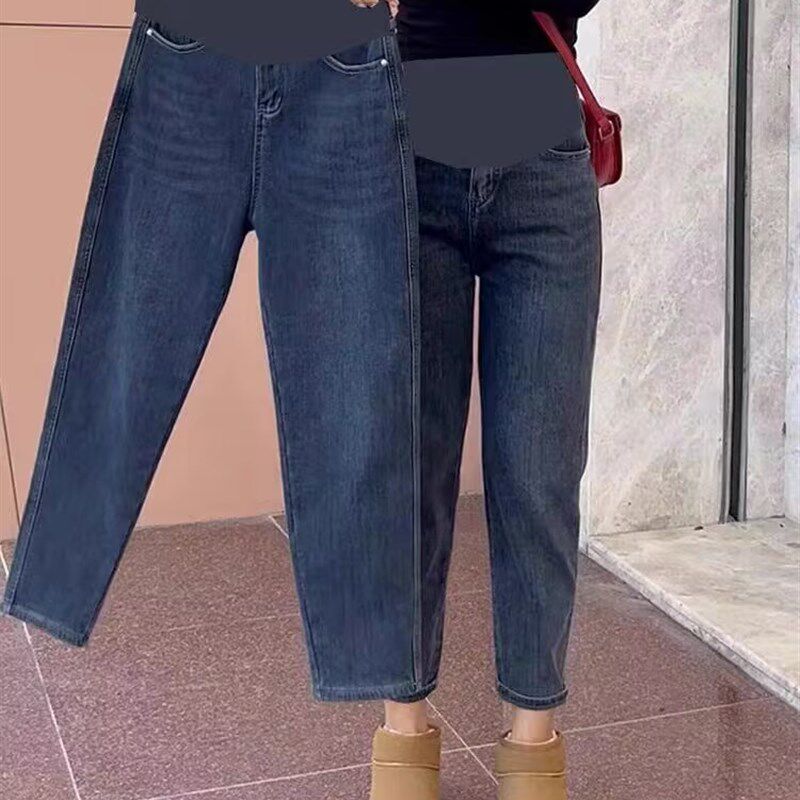 孕妇裤子春秋款小个子八分牛仔裤弹力外穿宽松春季哈伦老爹裤春装