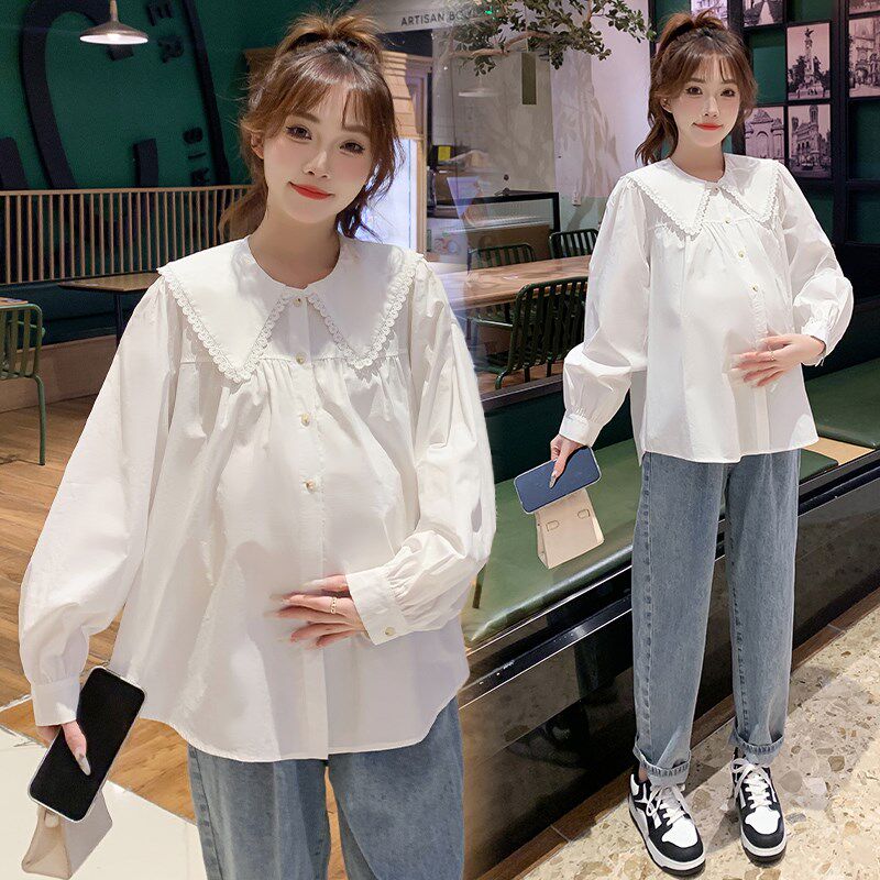 大码孕妇衬衫春秋款长袖韩版白色上衣小个子时尚宽松娃娃衫200斤