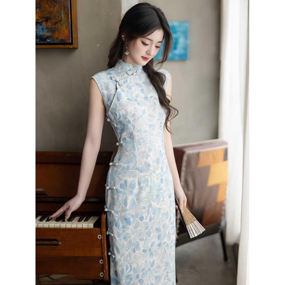 新中式旗袍高端大气上档次2025新款夏季女改良年轻款连衣裙浅蓝色