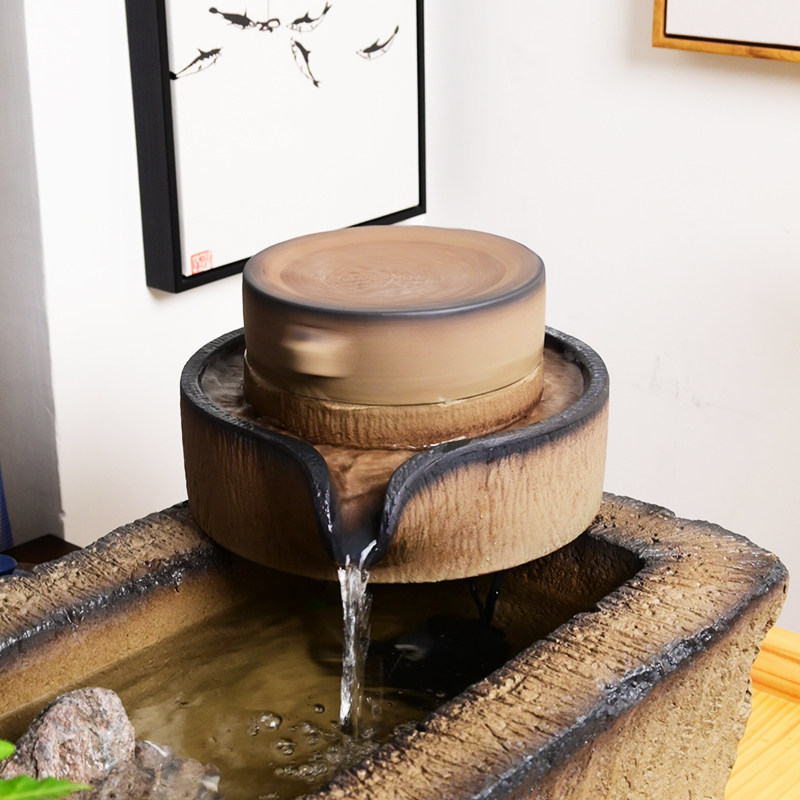 招财时来运转石磨流水摆件陶瓷水磨鱼缸石槽搭配磨U盘庭院装饰水