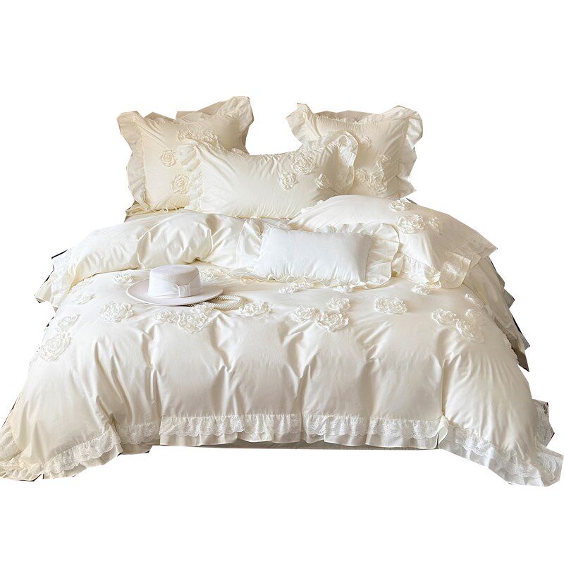 小玫瑰与梦法式浪漫全棉w水洗棉立体花朵四件套公主花边被套