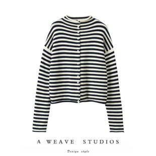 新款 温婉新气质 女秋冬季 针织开衫 百搭毛衣 100%羊绒撞色条纹长袖