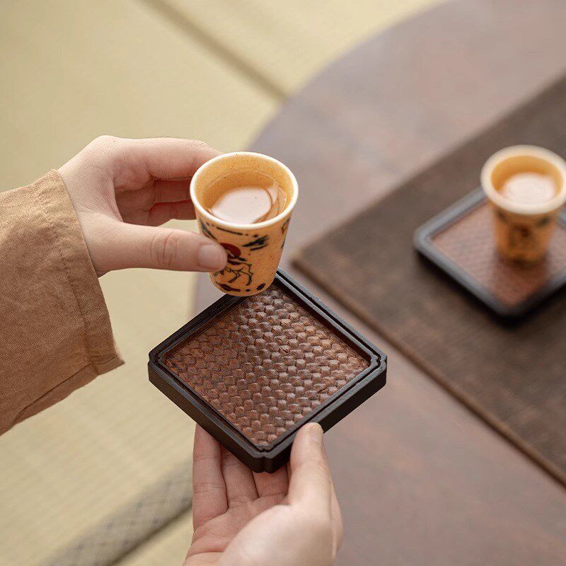 中式仿竹编纹茶杯垫功夫茶具零配件小茶托防烫隔热.垫圆形茶垫