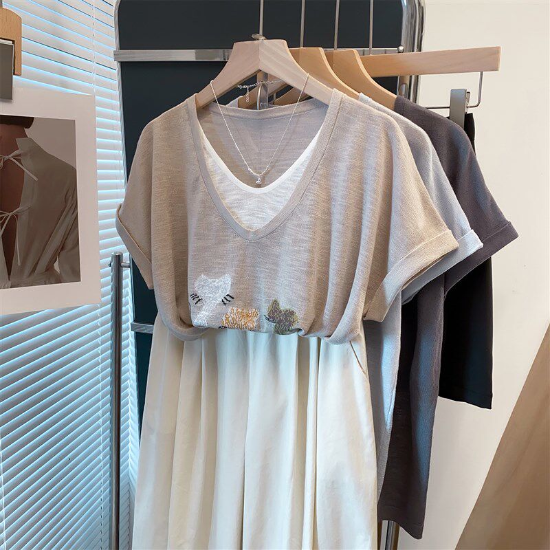 V领假两件落肩针织衫女2025夏装新款宽松慵懒风上衣薄短袖t恤衫潮
