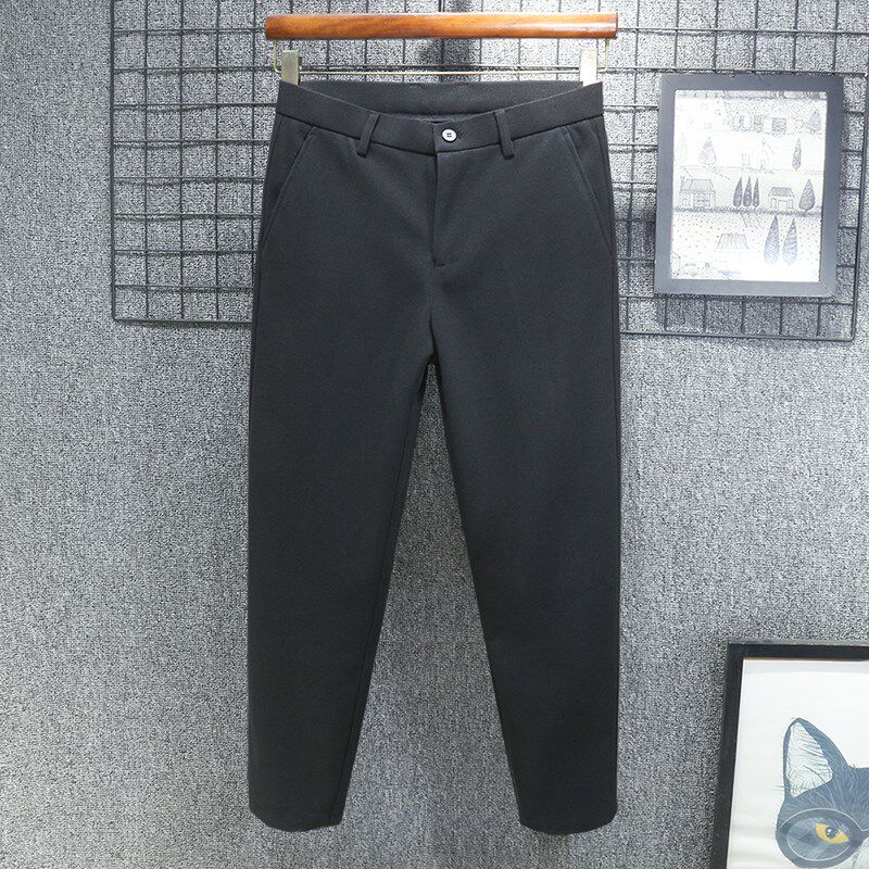 毛呢秋冬季裤子男士九分休闲裤加绒加厚小西裤宽松直筒2024新款