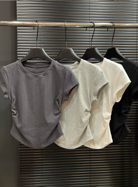 正肩短袖t恤女夏季灰色小个子下摆2025新款半袖修身收腰短款上衣