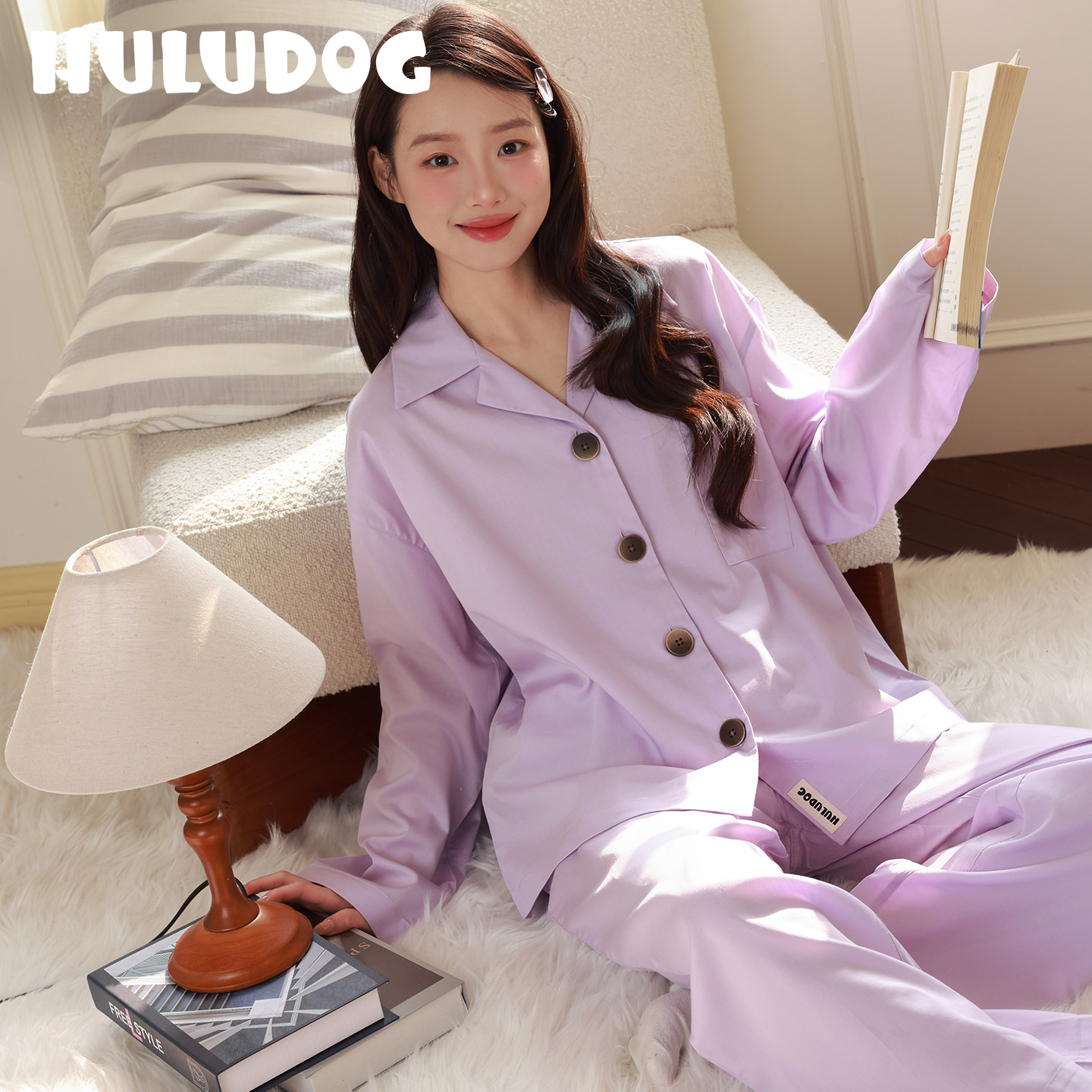 HULUDOG女款天丝棉家居服套装紫