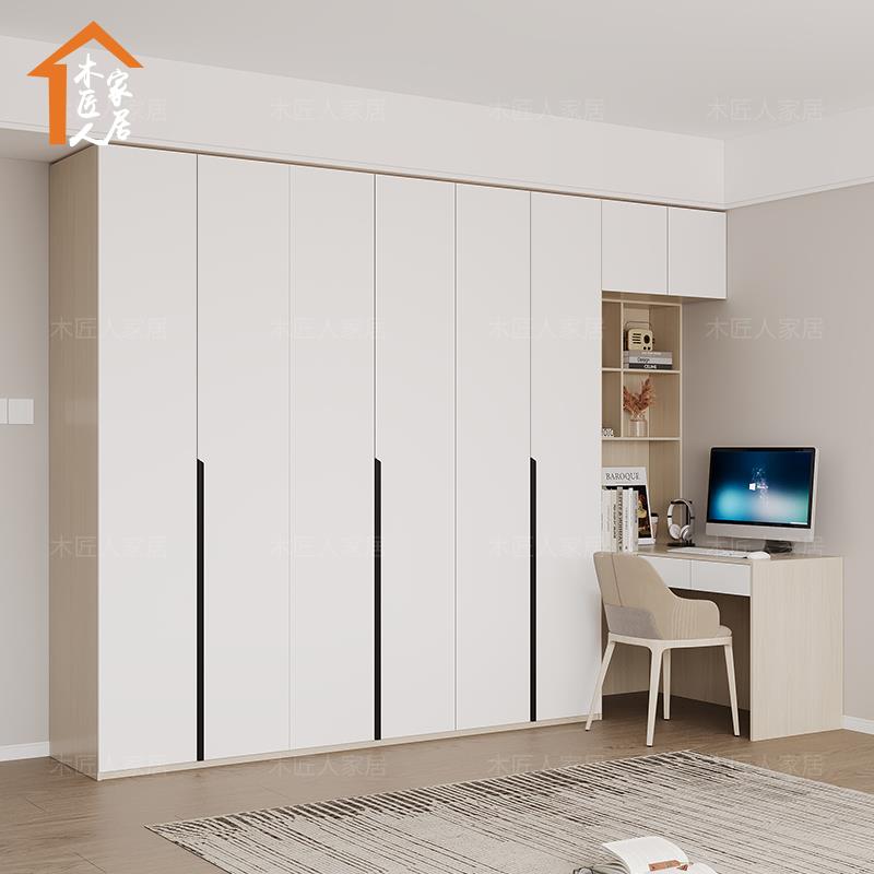 北欧卧室家用实木衣柜书桌一体开门衣柜组合L型生态板连体电脑桌