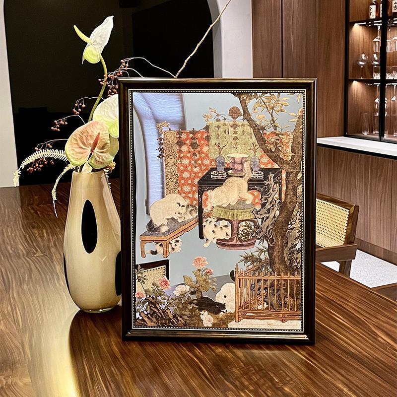 法式中古镜子画中式戏猫图小众镜面摆件画装饰镜客厅卧室艺术挂画图片