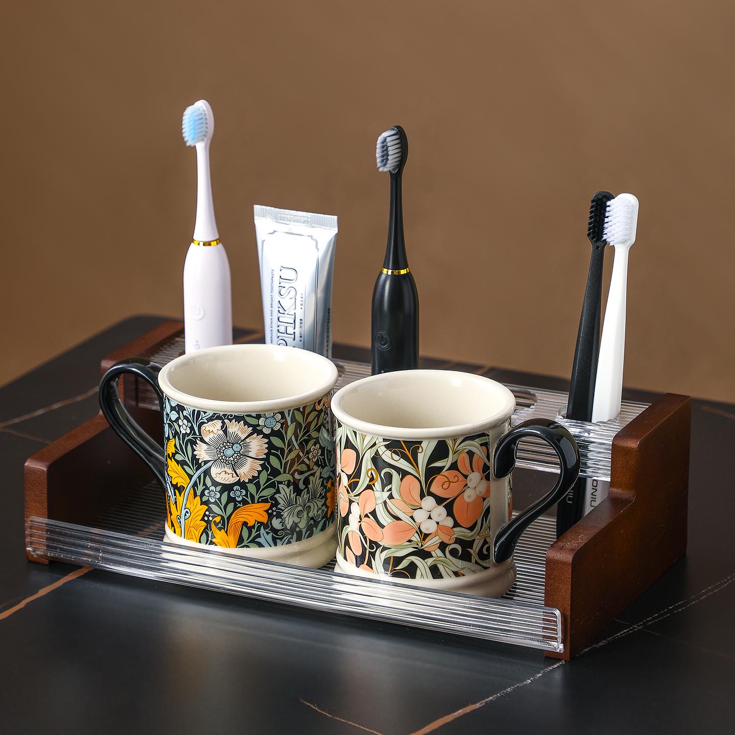 有趣的家 中古风电动牙刷置物架卫生间陶瓷刷牙漱口杯牙膏牙刷架