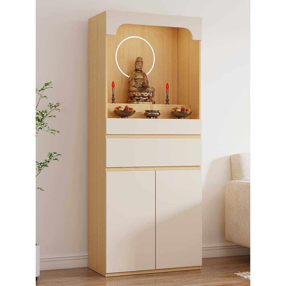 实木佛龛供桌神台观音菩萨家用财神专用圆形背景灯新中式立柜带门