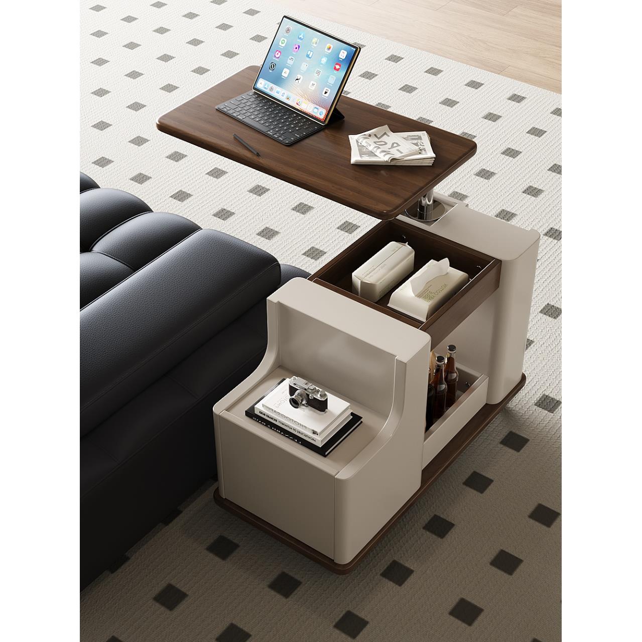 可移动小推车茶几置物架可升降可调节移动沙发边几胡桃面板奶油风