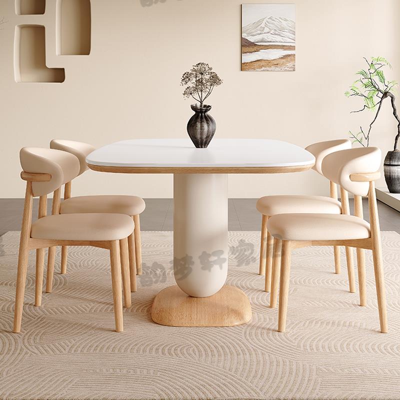 法式原木奶油风岩板餐桌椅家用长方形实木吃饭桌子客厅小户型饭桌