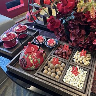 结婚敬茶专用果盘木质盘子茶几七格托盘婚房布置装饰订婚摆件全套