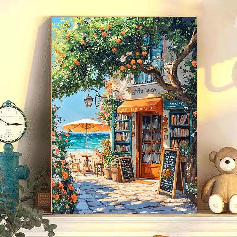 diy数字油画 画海边书店系列手工填充填色油画 画解压治愈西装饰