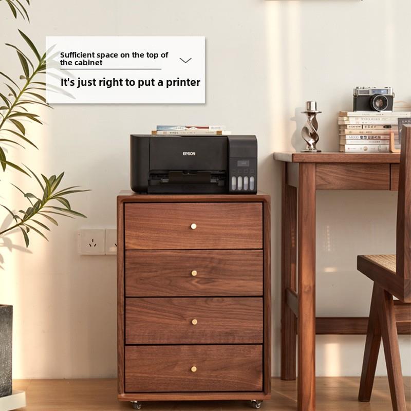 北美黑胡桃实木可移动四抽屉柜书桌锁抽屉储物柜床头柜与车轮侧柜