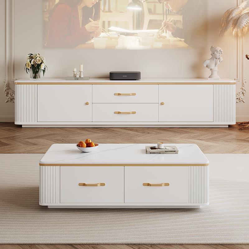 纯实木落地电视柜茶几组合现代简约小户型客厅家用奶油风电视机柜