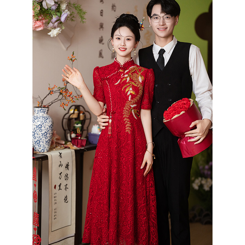 红色旗袍敬酒服新娘2024新款中式订婚礼服裙女夏小个子出阁宴显瘦