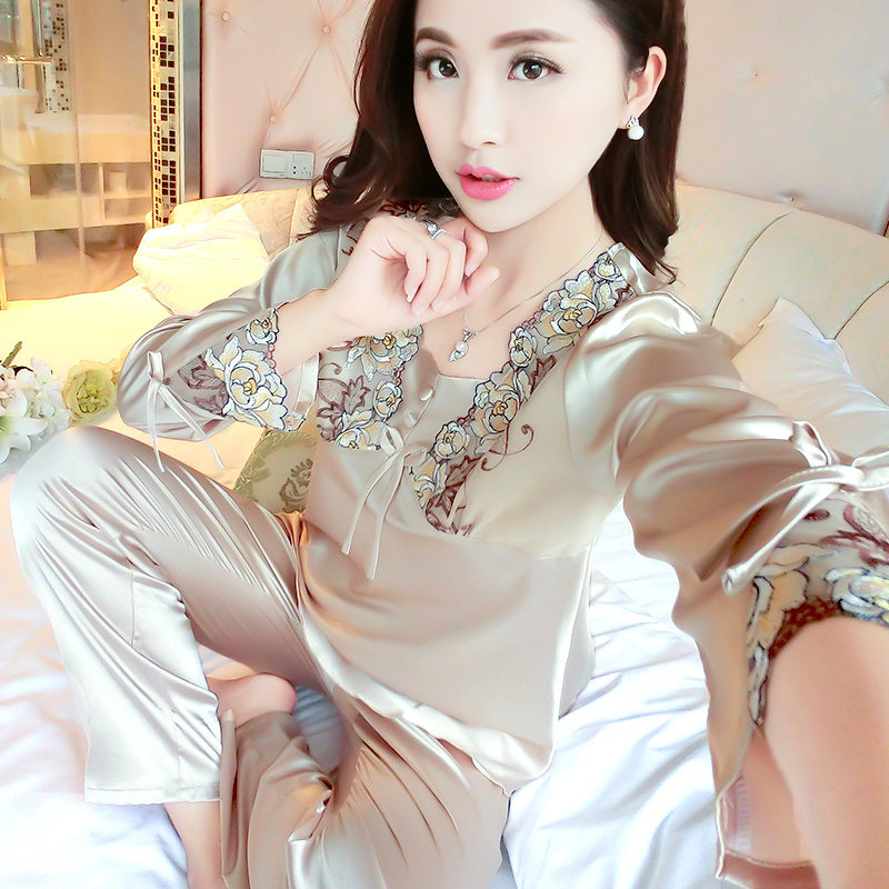 夏季冰丝睡衣女长袖蕾丝中年妈妈春秋薄款丝绸家居服2021新款套装