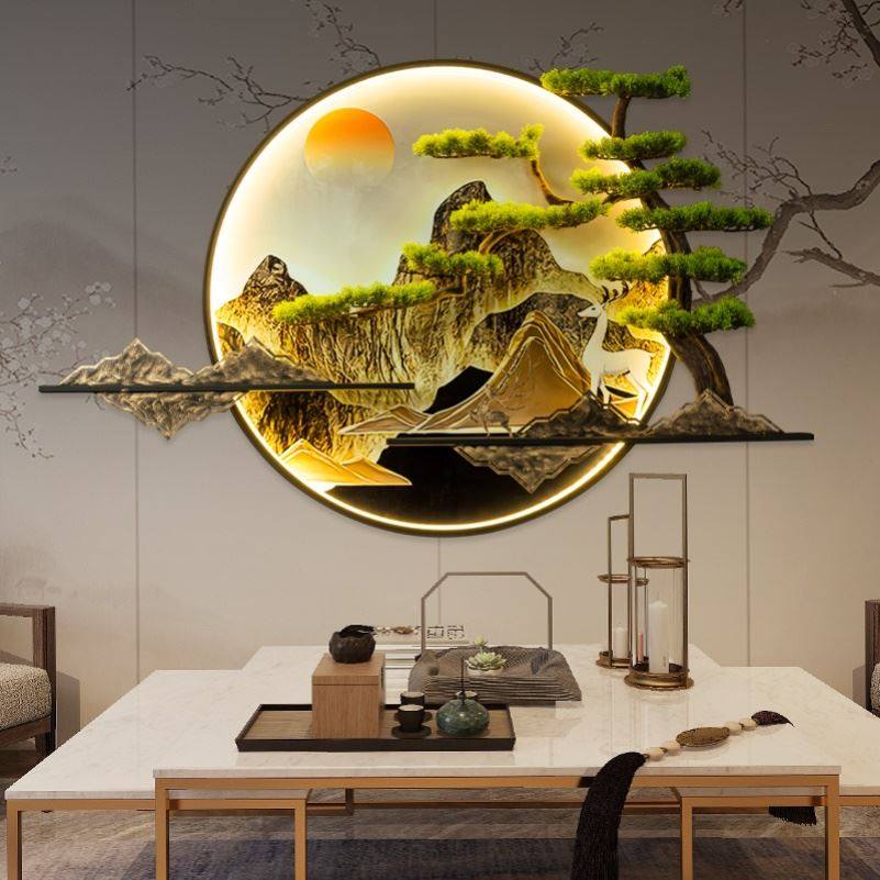 新中式迎客松带灯壁饰客厅v玄关墙面装饰挂画沙发背景圆形铁艺挂