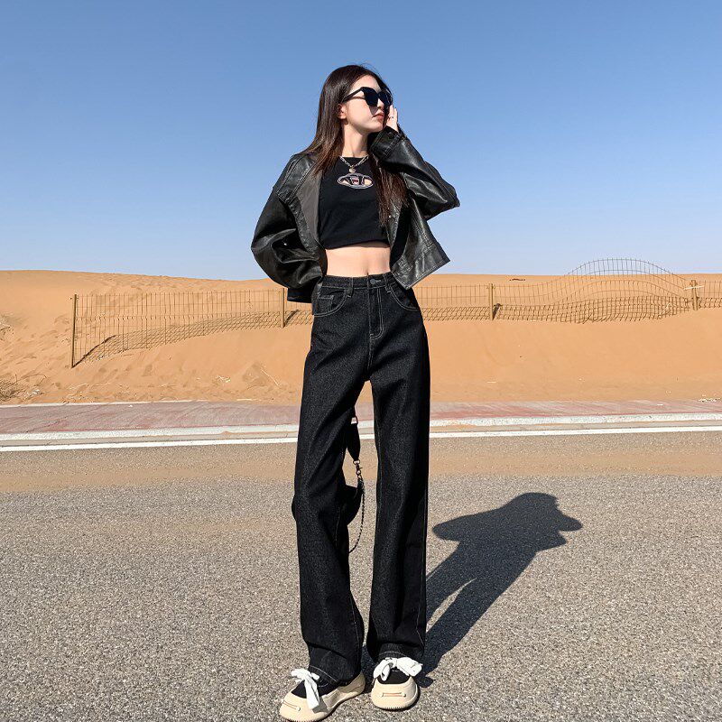 窄版牛仔裤女2025春夏新款高腰显瘦宽松直筒百搭复古阔腿拖地裤子