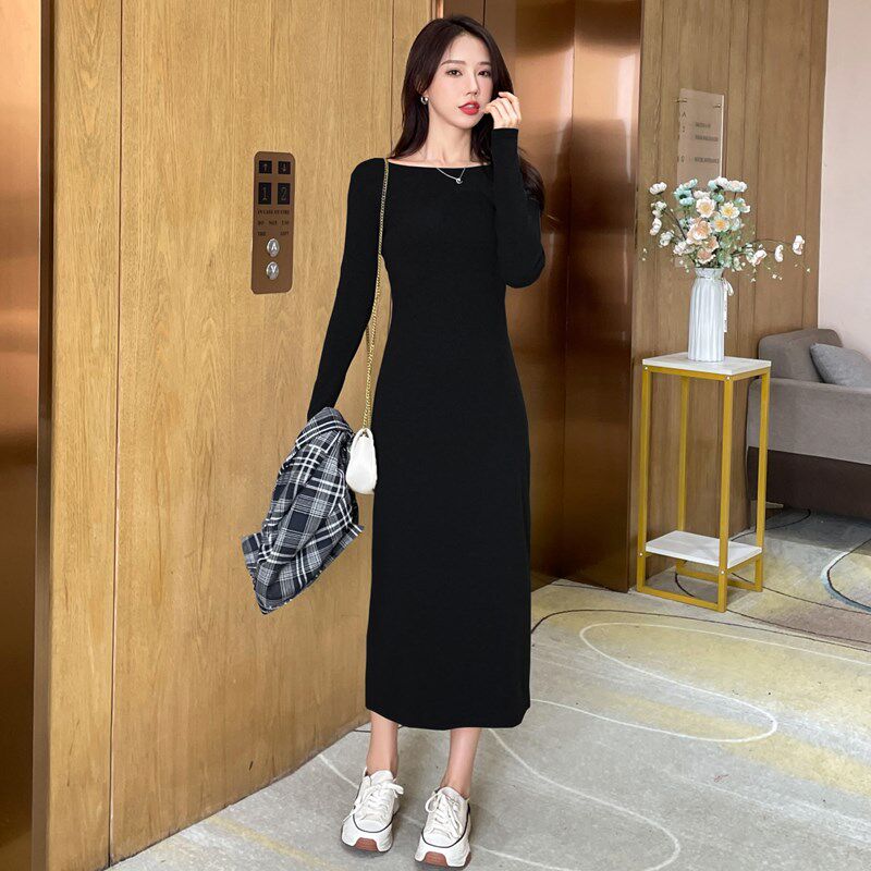黑色长款连衣裙2023春秋新款过膝显瘦气质长裙高级感内搭打底裙子