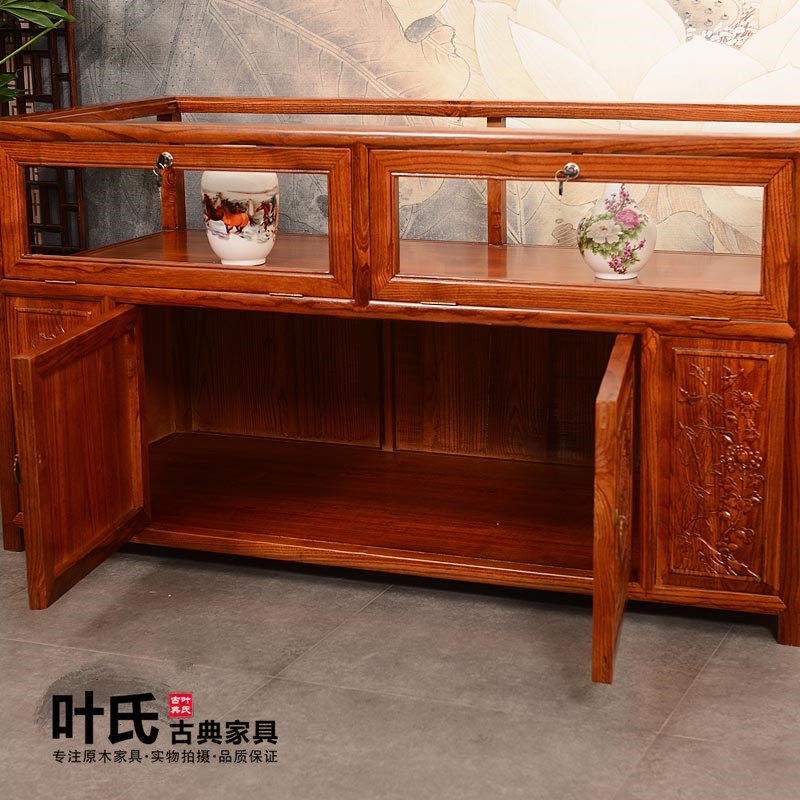 明清仿古典d全实木玻璃展示架南榆木二门珠宝柜中式双面雕花手饰