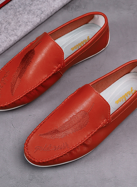 白色豆豆鞋男一脚蹬韩版百搭懒人潮202I3新款秋季透气男士休闲皮