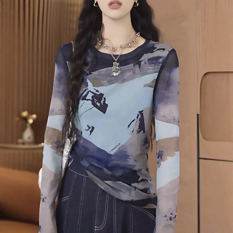 水墨印花修身网纱打底衫女夏季新款扎染显瘦长袖t恤薄款防晒上衣