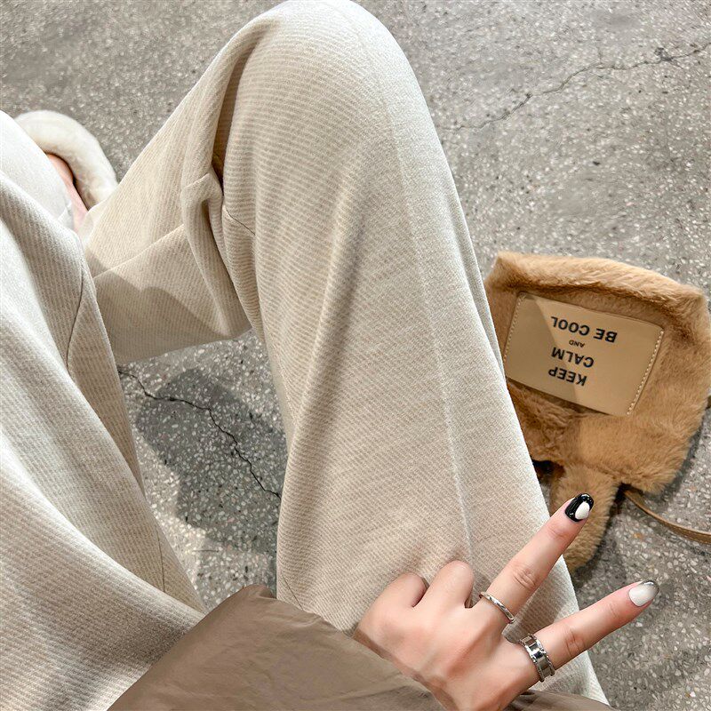 白色毛呢西装裤女2024春秋新款高腰休闲人字纹秋冬九分烟管直筒裤