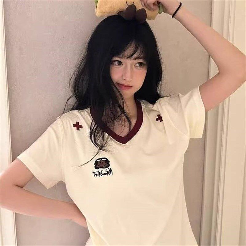 纯棉刺绣V领撞色短袖t恤女夏季2025新款设计感小众休闲 百搭