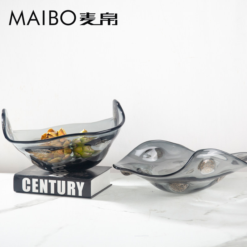 麦帛室内家居灰色工艺品玻璃果盘家居室内N客厅餐桌摆件装饰器皿