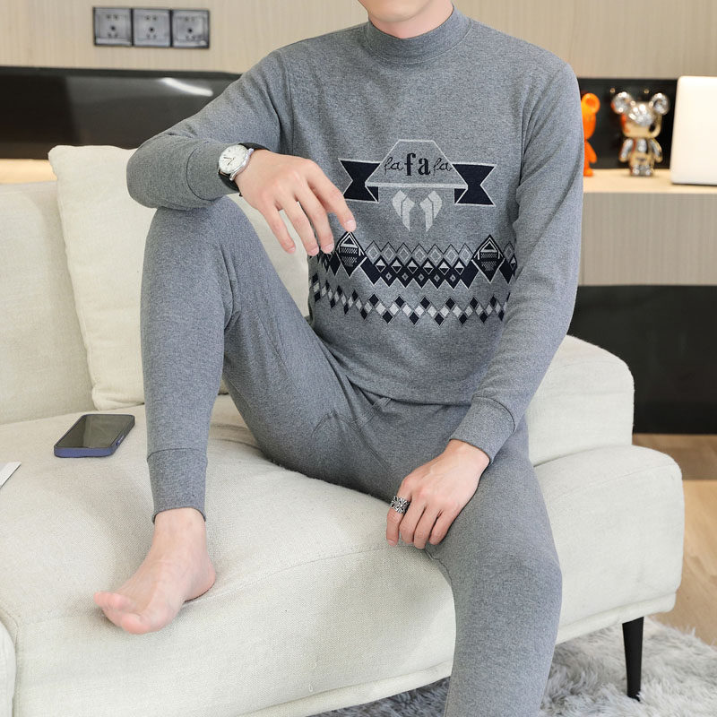 中老年发热衣男提花圆领冬季秋衣卫生裤打底衫男士纯棉保暖衣套装