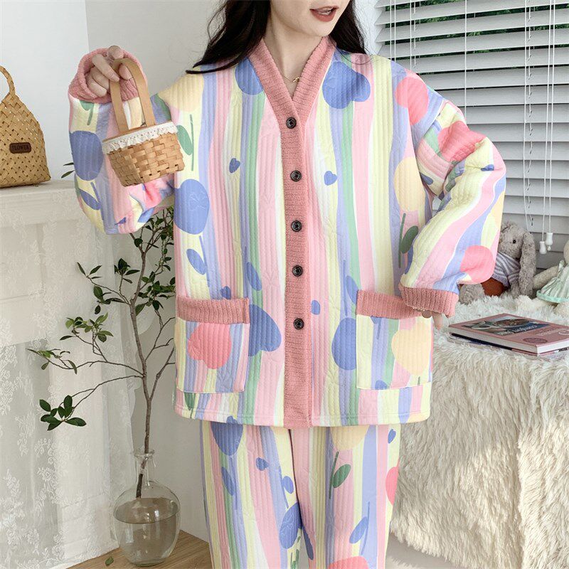 睡衣女秋冬季特大码宽松三层夹棉空气棉加肥夹层保暖月子服孕妇