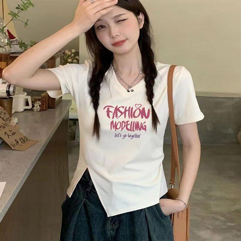 纯棉不规则开叉V领短袖t恤女夏季甜辣风设计感短款修身体恤上衣潮