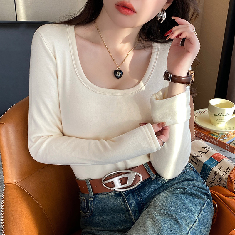 低领打底衫女秋季白色薄绒长袖t恤2024新款高级感内搭u领修身上衣