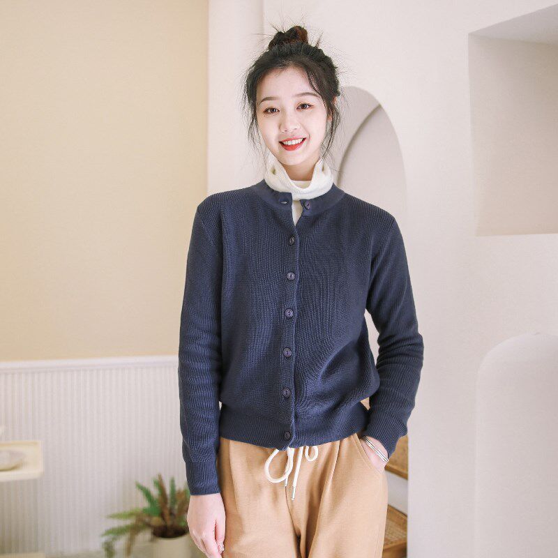 秋冬新款女装纯棉开衫女长袖圆领针织衫百搭显瘦纯色上衣外套