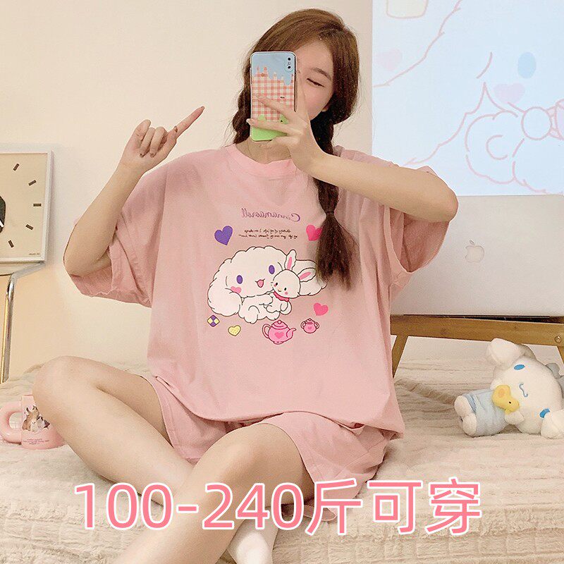 大尺码240斤纯棉短袖睡衣套装女夏季加肥加大胖MM200斤卡通家居服