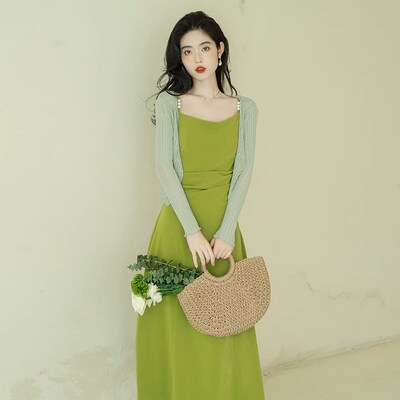 高级感气质绝美超仙夏季开衫2024夏季新两件套法式绿色连衣裙6904