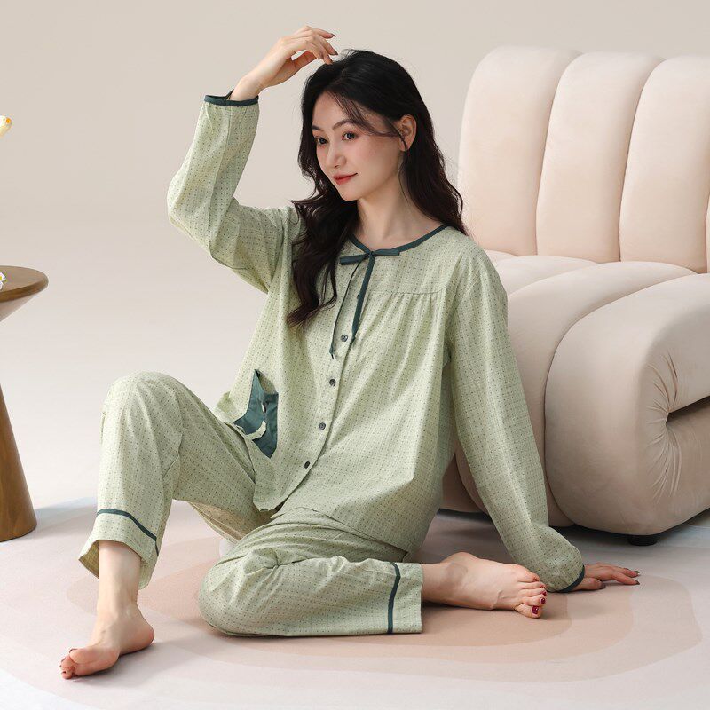 梭织纯棉纱布睡衣女春季长袖长裤开衫全棉大码宽松家居服套装秋天