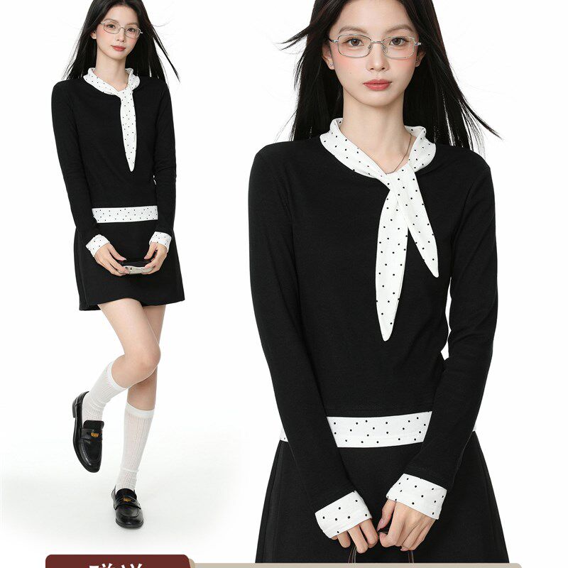 黑色波点丝巾长袖t恤女秋季设计感打底衫内搭修身拼接假两件上衣