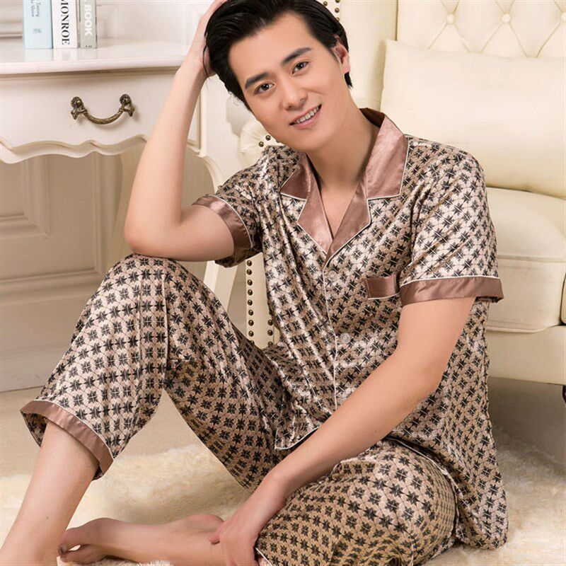 睡衣男中年爸爸短袖长裤夏装中老年人60岁男款薄款冰丝家居服夏季