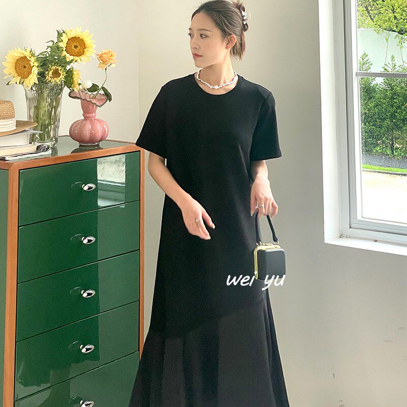 薇语大码女装纯色裙子2025夏季新款设计感高级感圆领不规则连衣裙