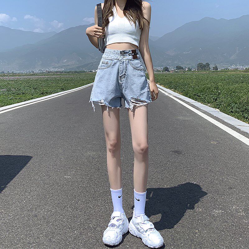 高腰牛仔短裤女春秋冬季2025年新款宽松阔腿显瘦a字破洞超短热裤