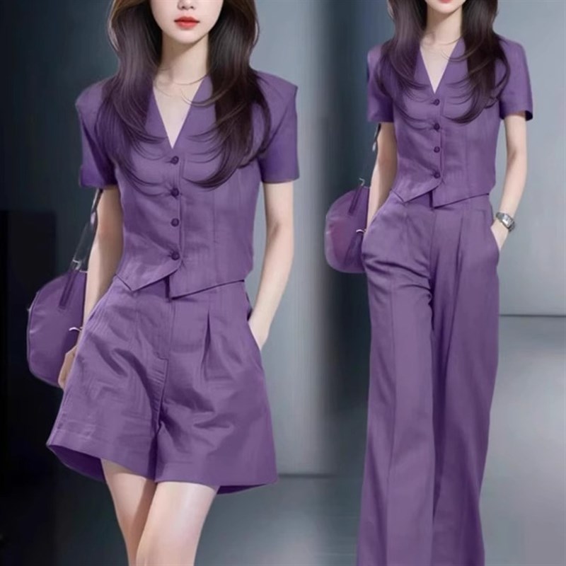 夏季紫色时尚套装女2025新款洋气质修身显瘦V领上衣阔腿裤两件套
